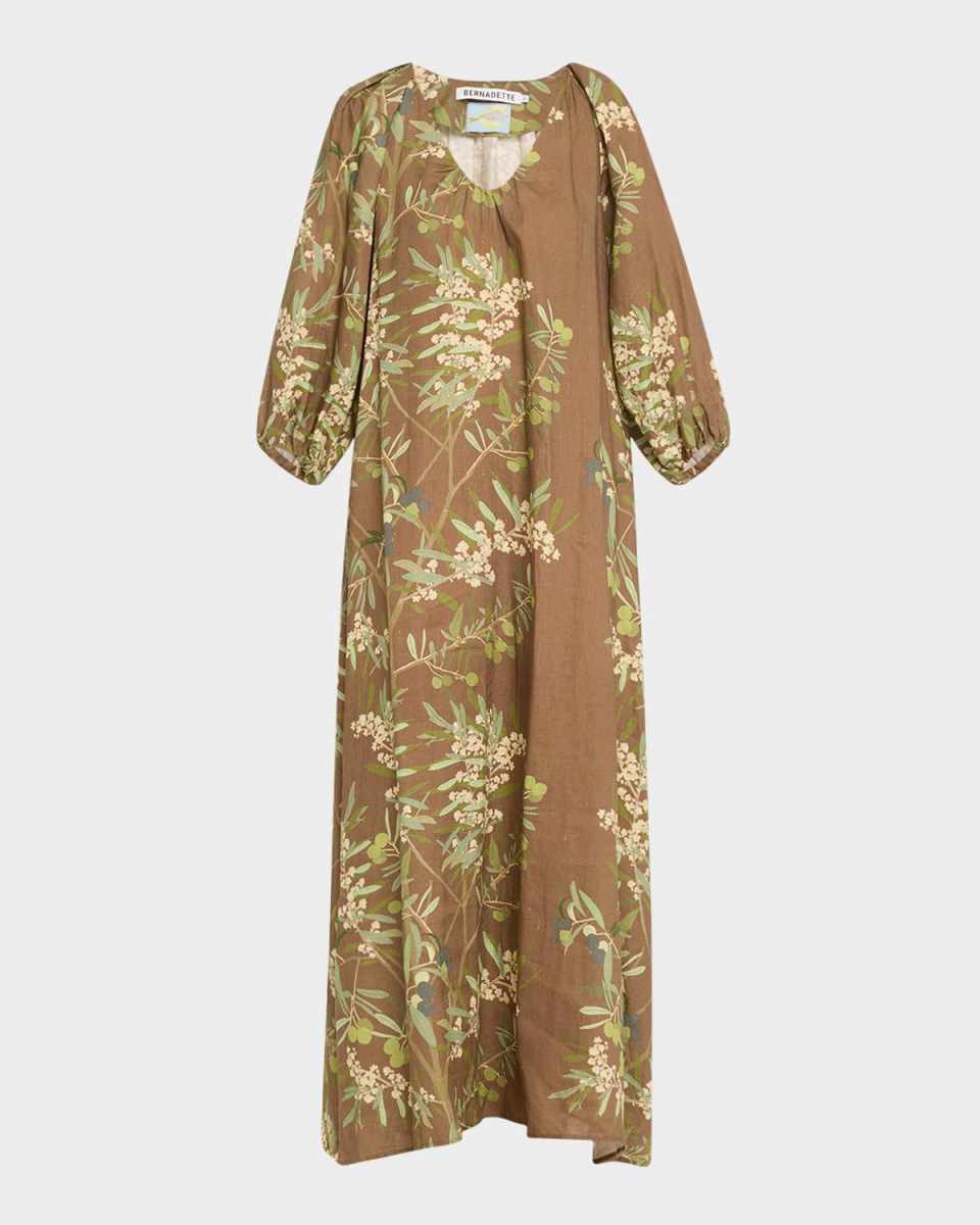 Puff-Sleeve Printed Linen Maxi Dress